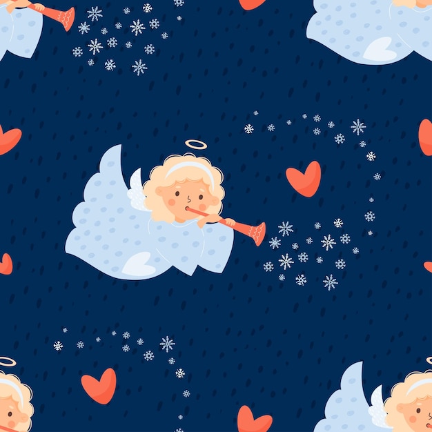 Vector christmas seamless pattern with cute angel girl with pipe on blue background with snowflakes