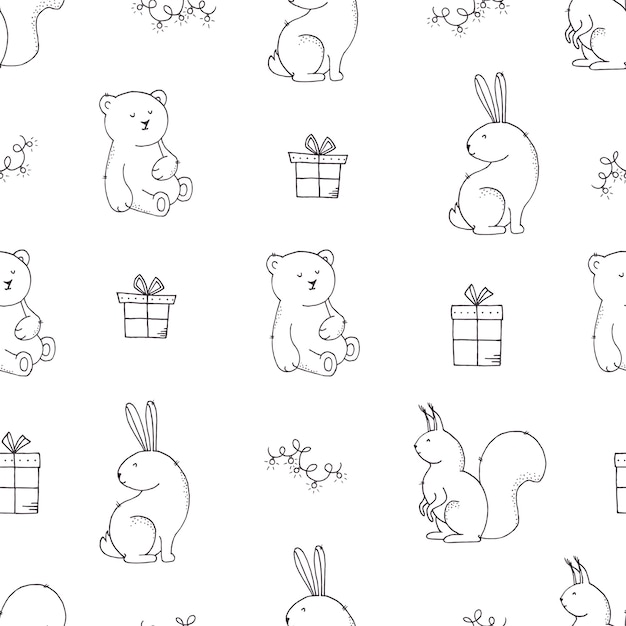 Christmas seamless pattern with cute animals, gift boxes and garlands on white.