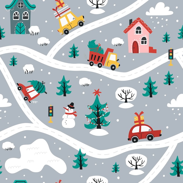 Christmas seamless pattern with cute cars