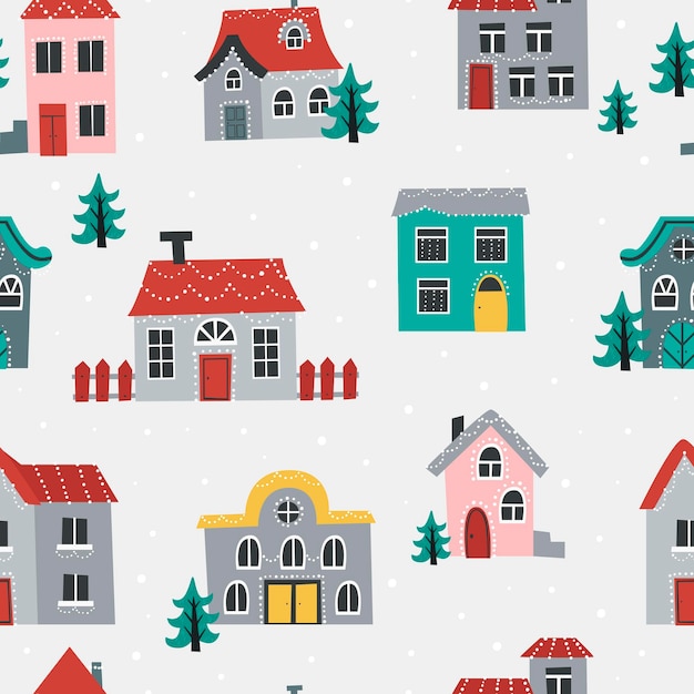 Christmas seamless pattern with cute houses