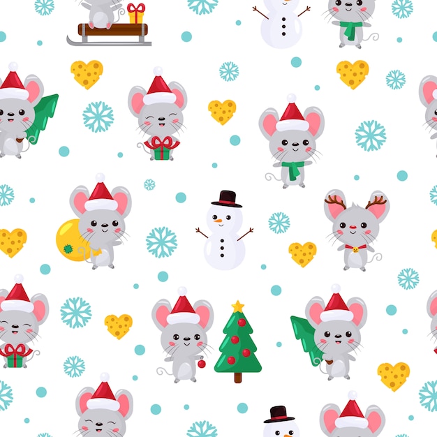 Christmas seamless pattern with cute kawaii mouse. 