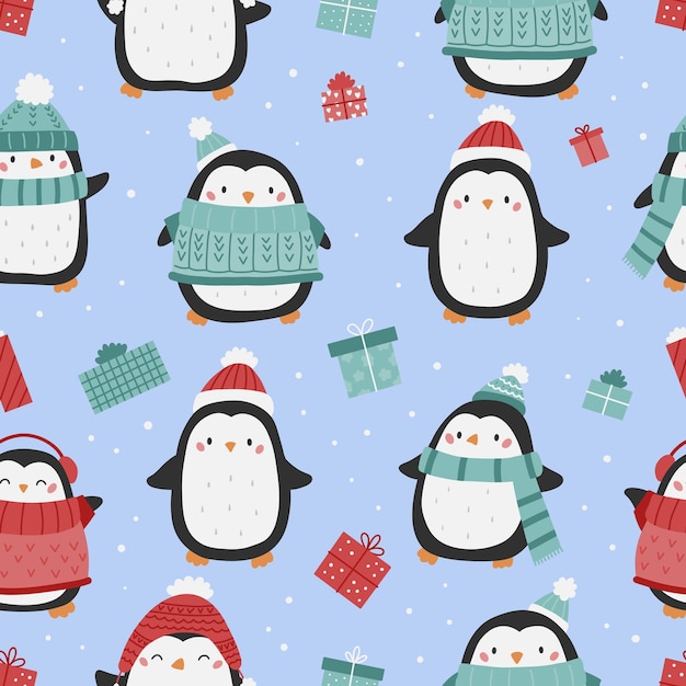 Christmas seamless pattern with cute penguins and presents