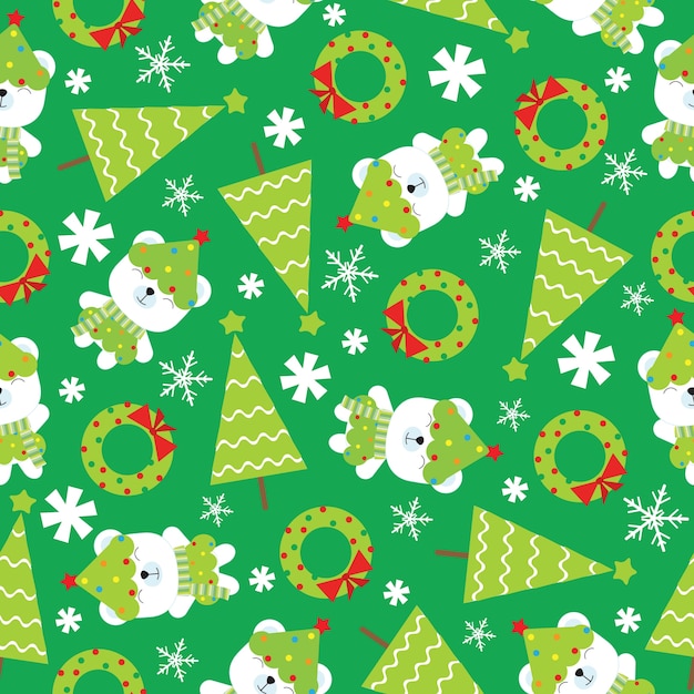 Christmas seamless pattern with cute polar bear and Xmas tree on green background