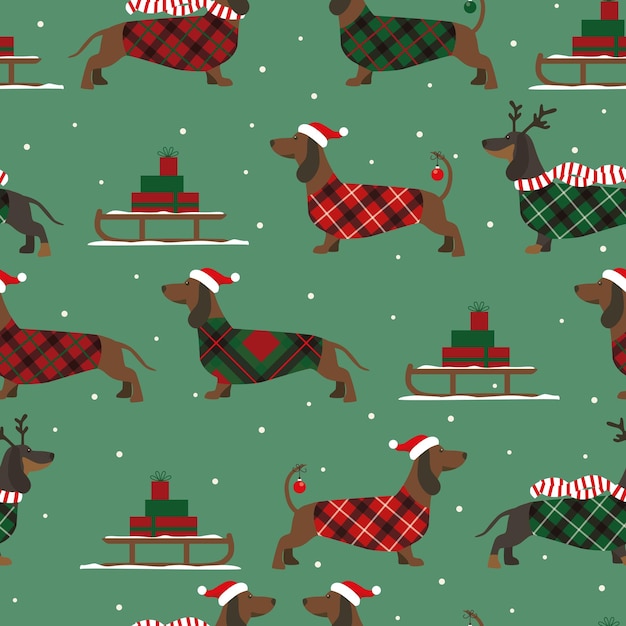 Christmas seamless pattern with dachshunds and sleighes on blue background with boxes , snow.