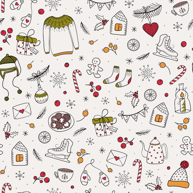 Christmas seamless pattern with decorative winter elements. Print with hand drawn seasonal objects