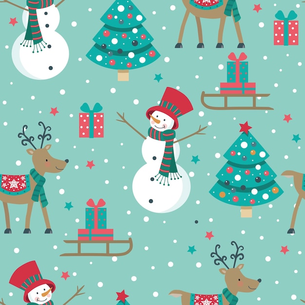 Christmas seamless pattern with deer snowman tree and presents