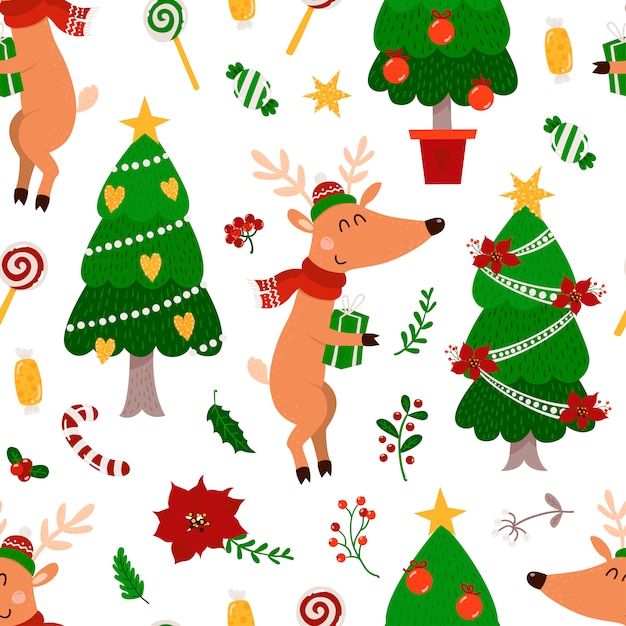 Christmas seamless pattern with deers and Christmas tree