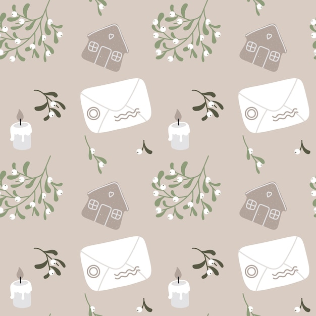 Christmas seamless pattern with envelope omela candle cookies Vector handdrawn background