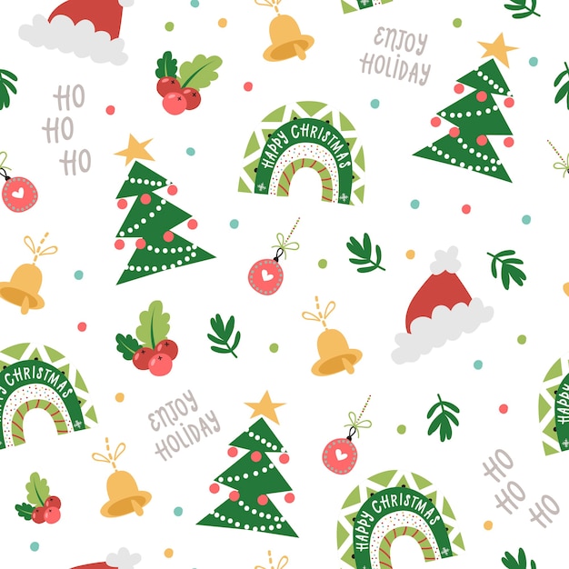 Christmas seamless pattern with Festive Rainbows, Trees, Hats.  illustration for christmas invitations, t-shirts and scrapbooking