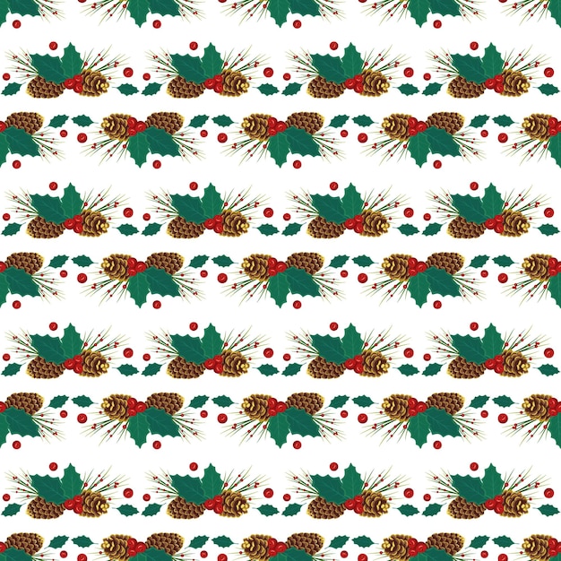 Christmas seamless pattern with fir tree branches with golden cones holly leaves and berries pine needles for postcards and design Festive decoration print for New Year and winter holidays