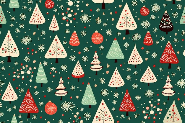 Christmas seamless pattern with fir trees snowflakes garlands on white background Perfect