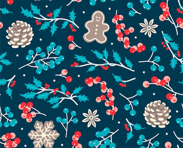 Christmas seamless pattern with floral branches berries holly and gingerbreads Winter holidays