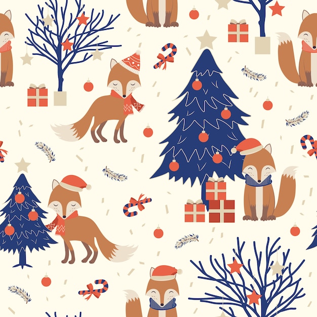 Christmas seamless pattern with fox 