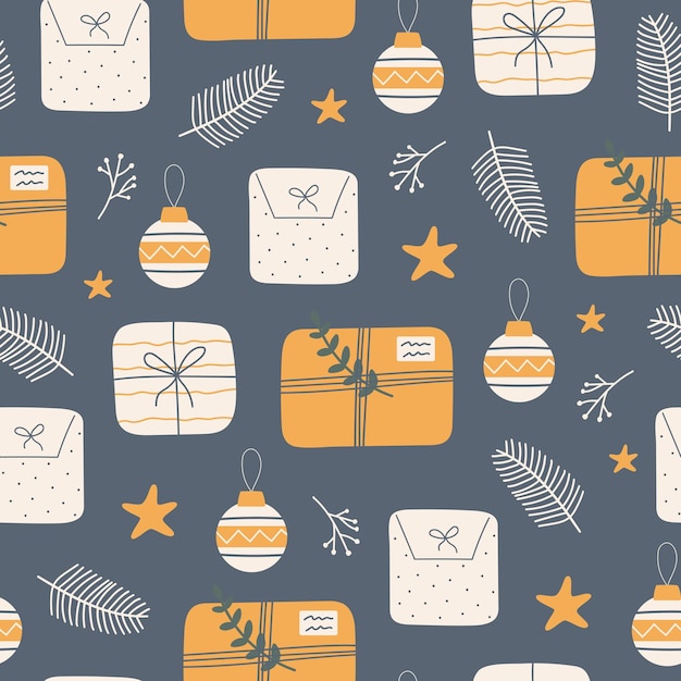 Christmas seamless pattern with gift boxes branches toys berries and stars on  blue background