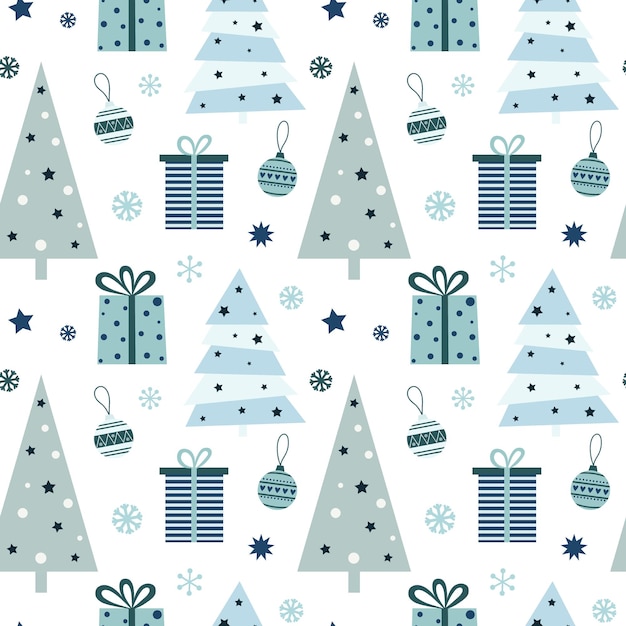 Christmas seamless pattern with gifts christmas tree ball and snowflakes