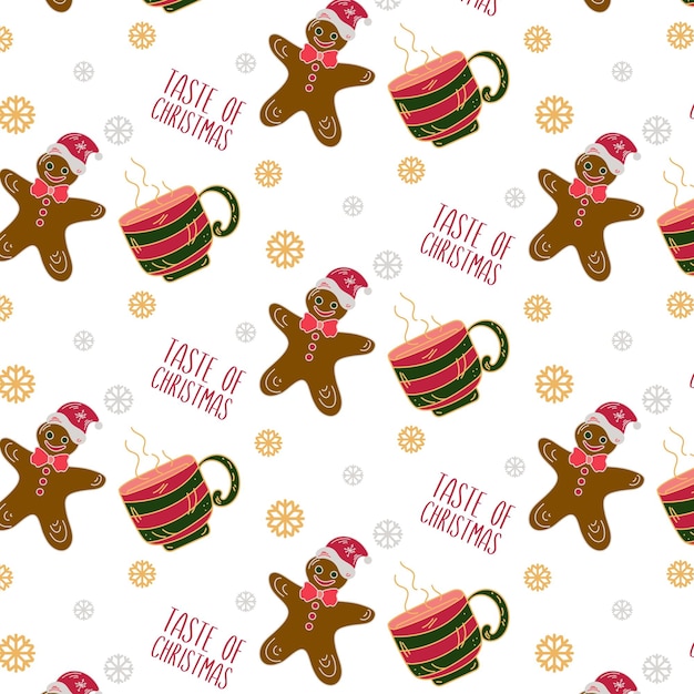 Christmas seamless pattern with gingerbread cookies and cup of tea on white background