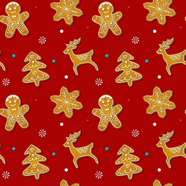 Christmas seamless pattern with gingerbread cookies on red background. Xmas homemade biscuits in shape of reindeer and gingerbread man, snowflake and christmas tree. Vector illustration