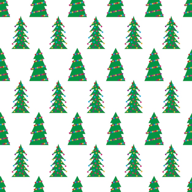 Christmas seamless pattern with green Christmas trees with colorful toys, balls and garlands. Vector illustration