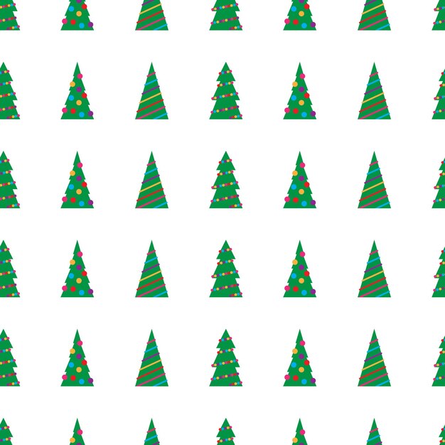 Christmas seamless pattern with green Christmas trees with colorful toys, balls and garlands. Vector illustration