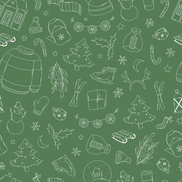 Christmas seamless pattern with hand drawn doodles on green background for wrapping paper, prints