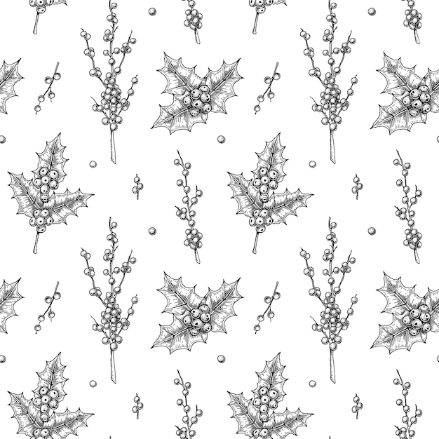 Christmas seamless pattern with hand drawn holly branches