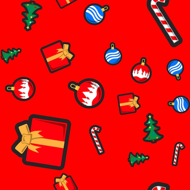 Christmas seamless pattern with holiday toys and symbols in flat cartoon style