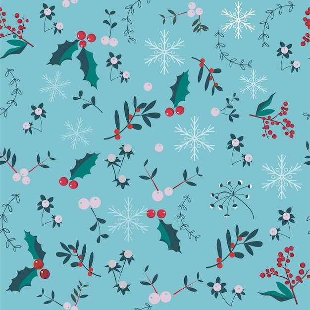 Christmas seamless pattern with holly berries, snowflakes, leaves.