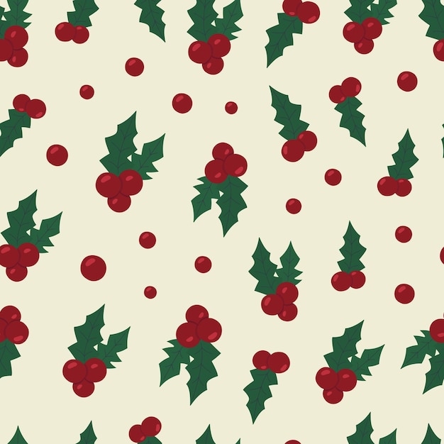 Christmas seamless pattern with holly berries on white background. Winter holiday vector repeat