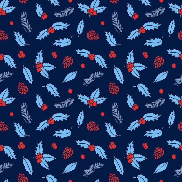 Christmas seamless pattern with holly leaves and rowan red berry