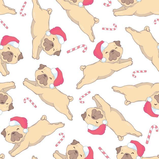 Christmas seamless pattern with the image of little cute puppies in the hat of Santa Claus Children's vector background