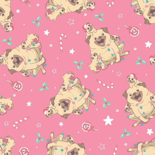 Christmas seamless pattern with the image of little cute puppies in the hat of Santa Claus Children's vector background