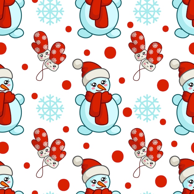 Christmas seamless pattern with kawaii snowman in santa hat, mittens, snowflakes