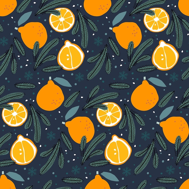 Christmas Seamless Pattern with orange fruit and Christmas tree branches Repeated Hand drawn design