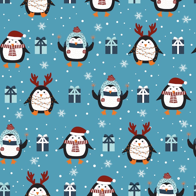 Christmas seamless pattern with penguin background