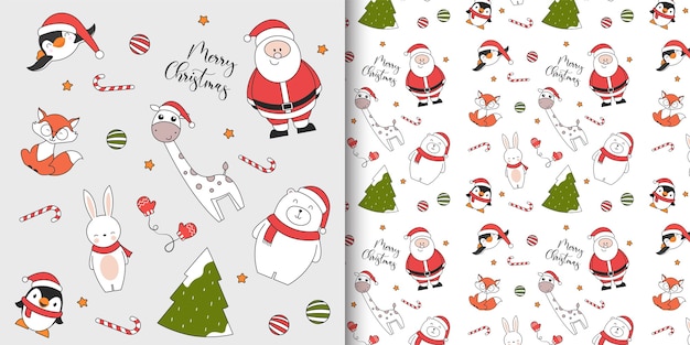 Christmas seamless pattern with penguin polar bear rabbit fox giraffe Santa Claus and Christmas tree