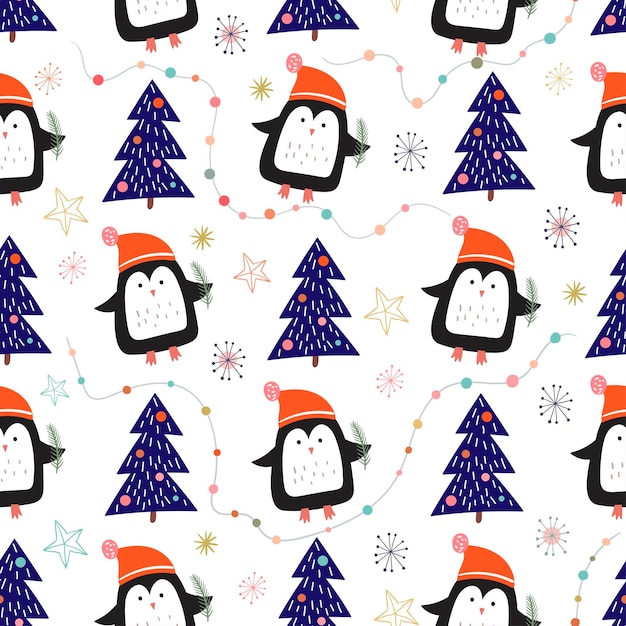 Christmas seamless pattern with penguins and seasonal elements winter background wallpaper