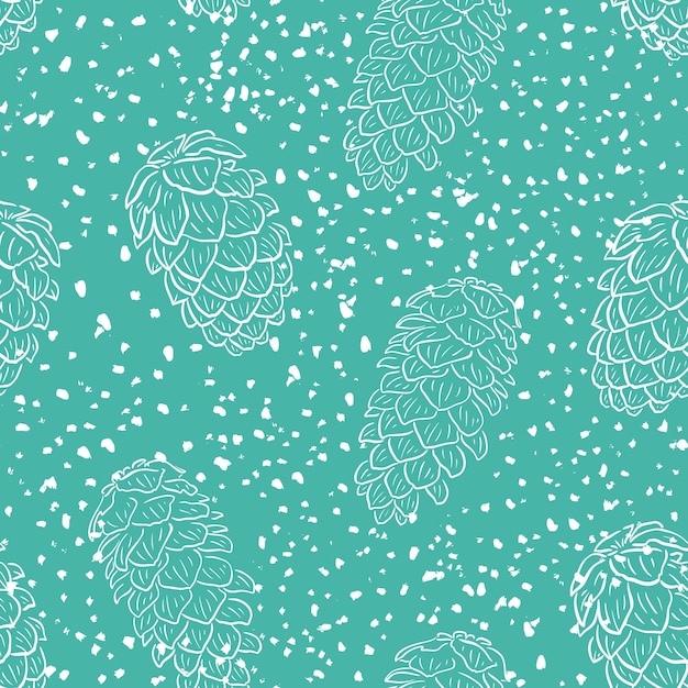 Christmas seamless pattern with pinecones and snow texture. Traditional doodle fabric pattern, New year wrapping paper. Winter blue pattern with cones. Grunge vector illustration.