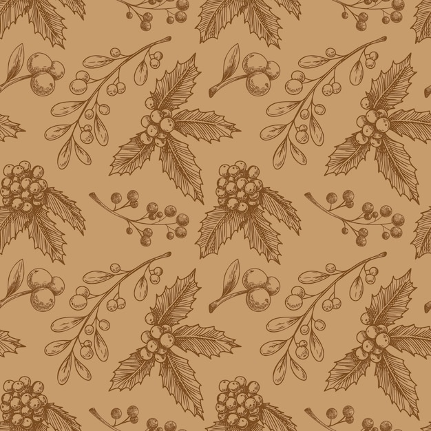 Christmas seamless pattern with plant. Sketch, .