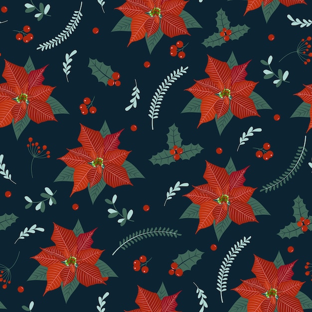 Christmas seamless pattern with poinsettia plant