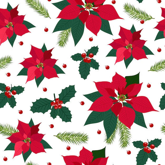 Christmas seamless pattern with poinsettia plant