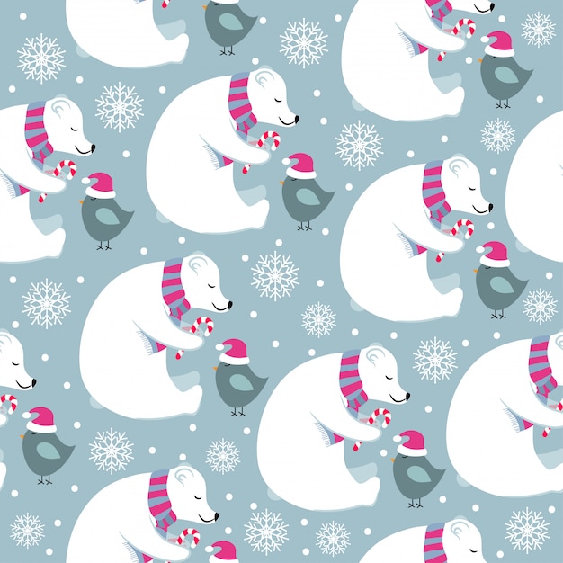 Christmas seamless pattern with polar bears and little birds