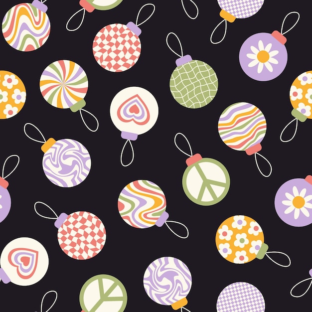 Christmas seamless pattern with retro groovy balls on a black background. Holiday winter print.