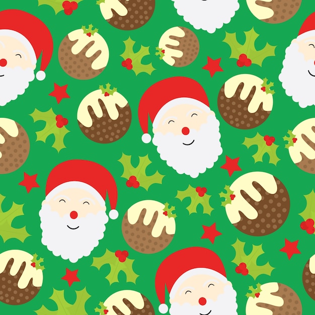 Christmas seamless pattern with Santa Claus and cookies on green background