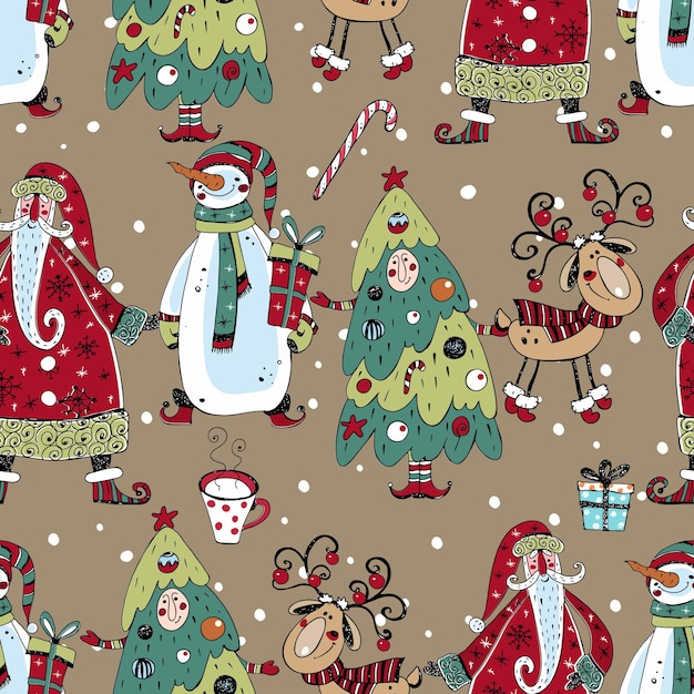 Christmas seamless pattern with Santa Claus snowman and Christmas tree Doodle style Vector