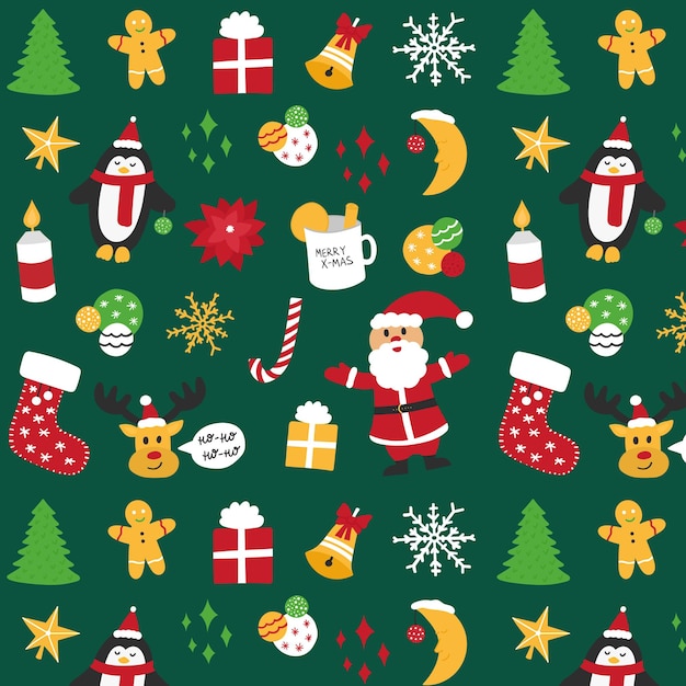 Christmas seamless pattern with Santa, penguin, deer, balloons, snowflakes, candle. Premium vector