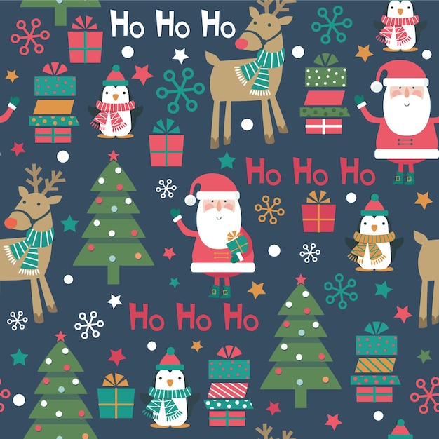 Christmas seamless pattern with Santa, penguin, tree, reindeer, snowflakes, box.