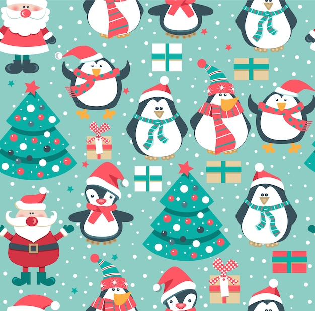 Christmas seamless pattern with Santa and penguins.