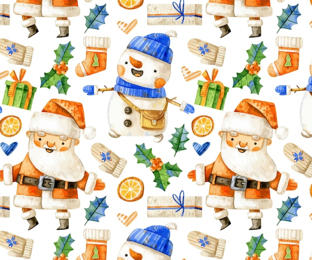 Christmas seamless pattern with Santa and snowman