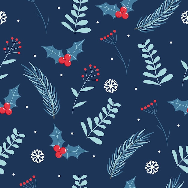 Christmas seamless pattern with snowflake berries mistletoe and fir branch