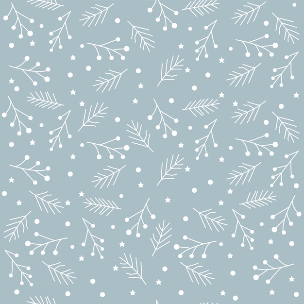 Christmas seamless pattern with snowflakes and spruce branches on blue background.